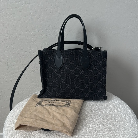 GUCCI Monogram Mini Tote Denim Ophidia Top Handle Crossbody Black - Picture 5 of 16
